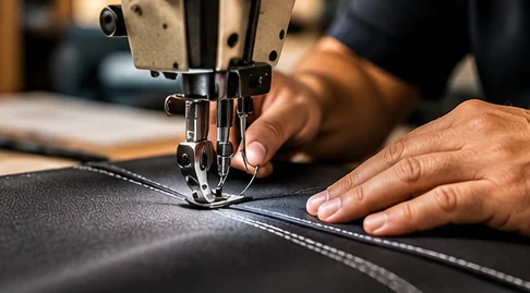 Manos cosiendo piel en una máquina de coser industrial